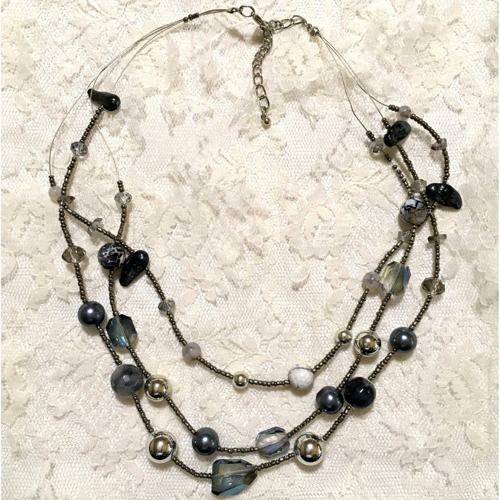 Silver Blue Bead Necklace 3 Strands Layered Mix Glass Metal plastic beads